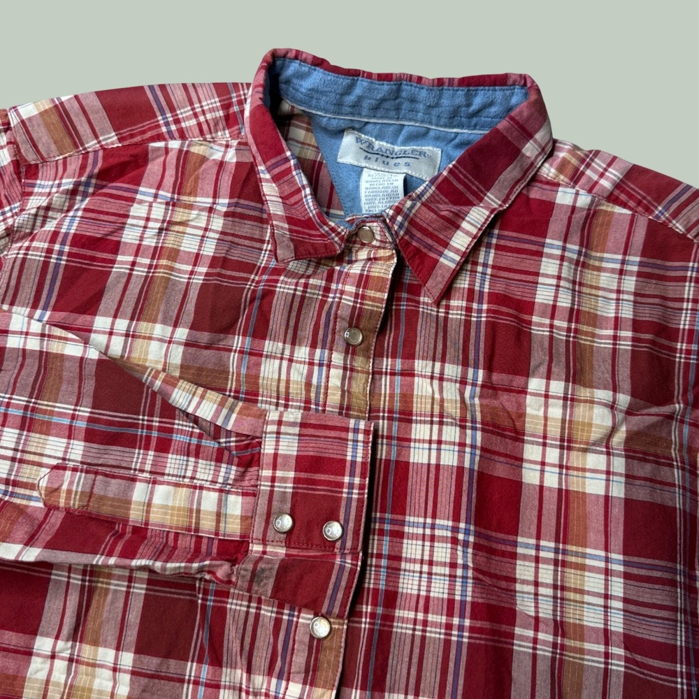 Vintage Wrangler Blues Shirt Womens XL Red Plaid Pearl Snap Long Sleeve Cotton